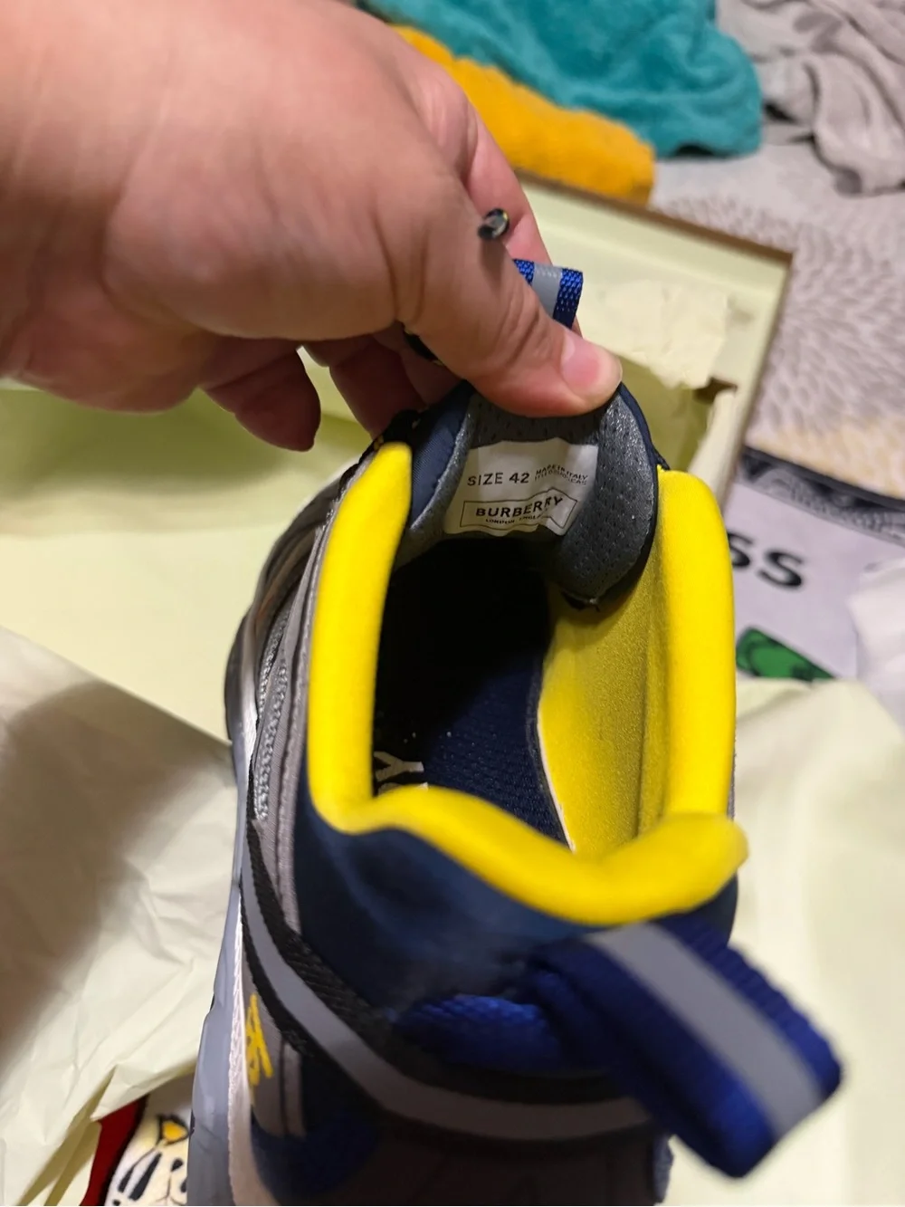 Burberry Grey and Blue Men's Trail Sneaker with Yellow Lining - Picture 3 of 5